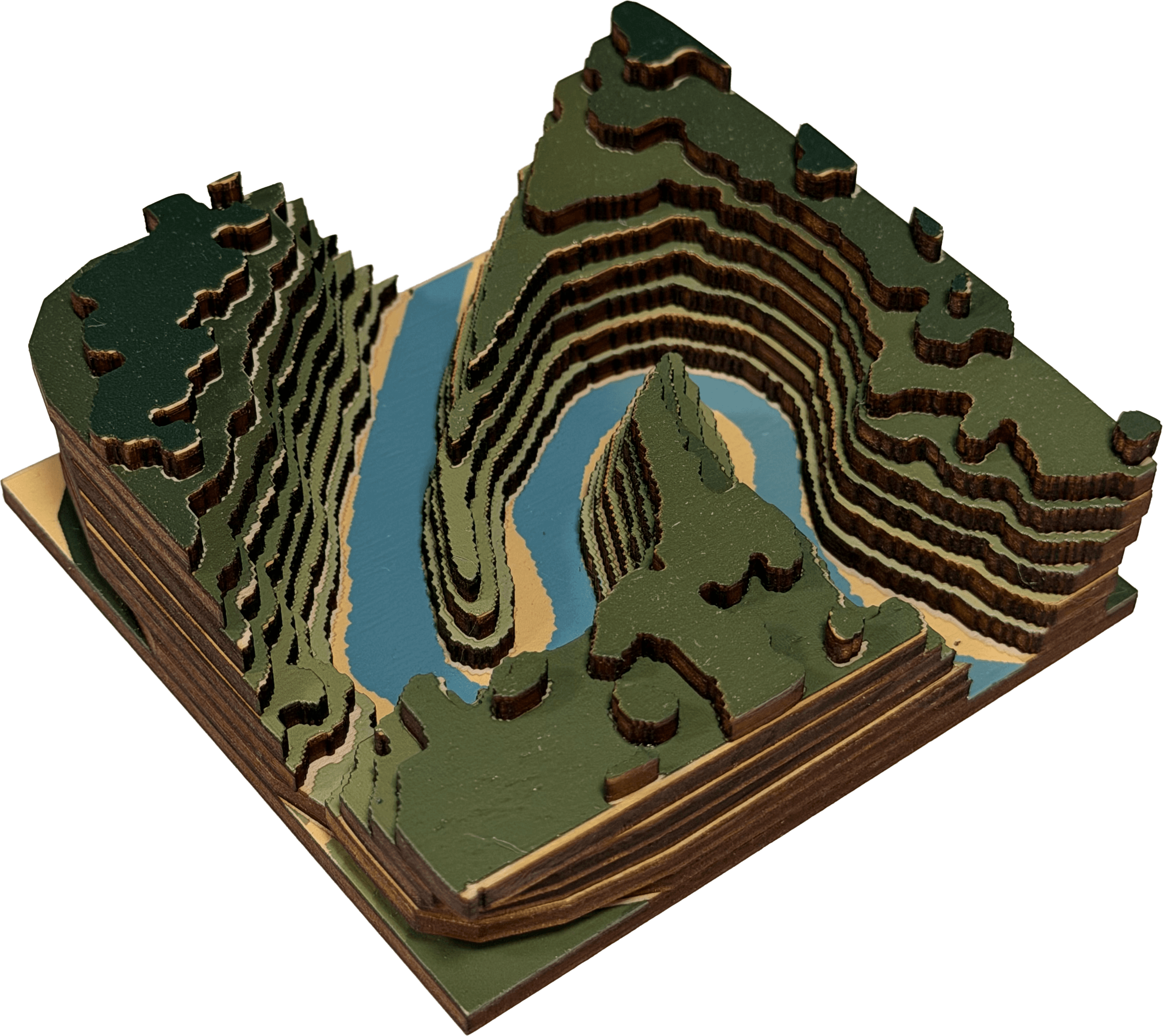 Finished laser-cut and UV-printed layered map object
